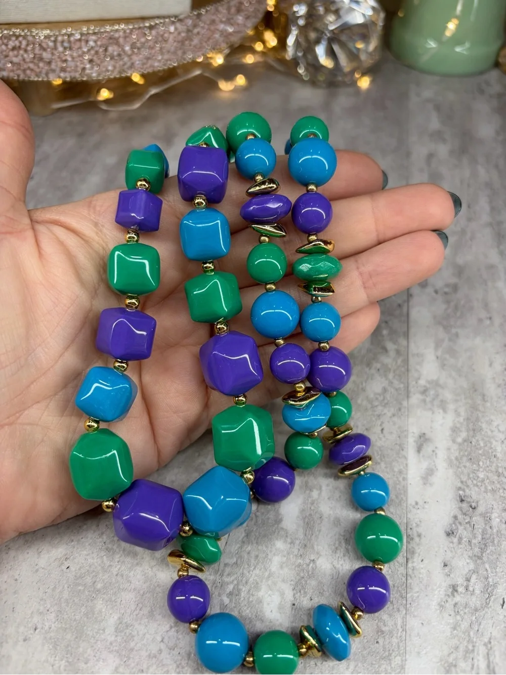 Set of 2 Vintage Lucite Necklaces Blue Green Retro Chunky Beaded Jewelry